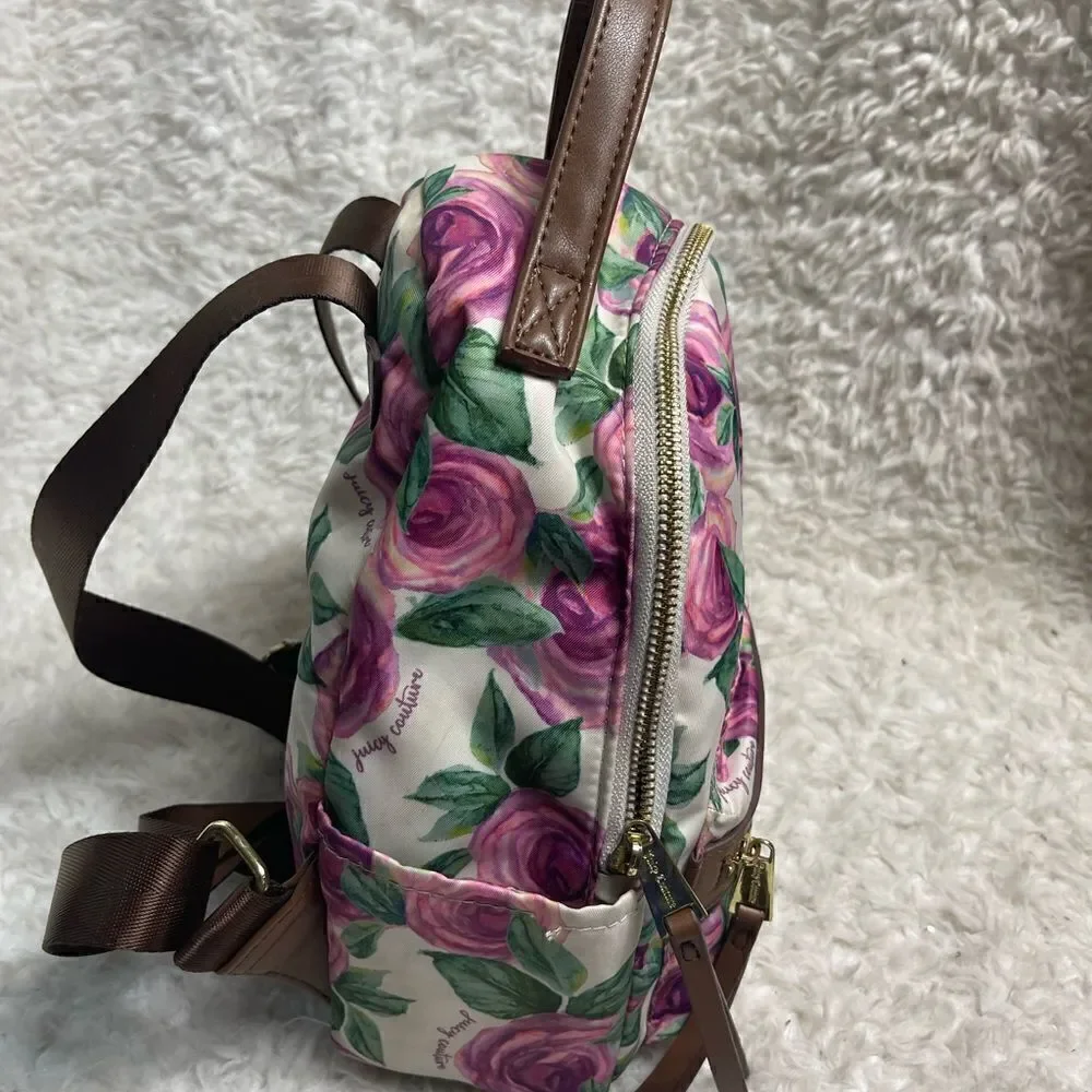 Juicy Couture Nylon mauve roses and green leaf prints mini backpack brown trims.